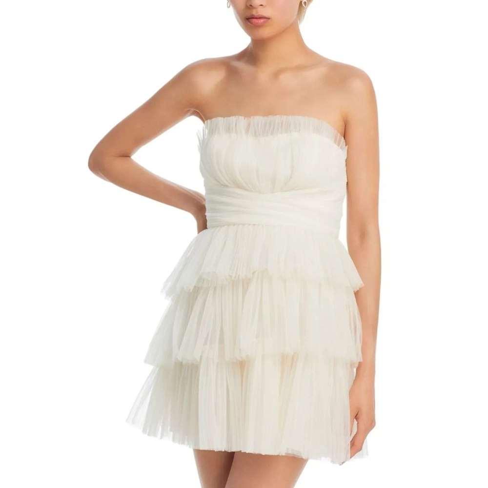🔥BCBGMaxAzria Elegant Strapless Ivory Tulle Tiered Dress
